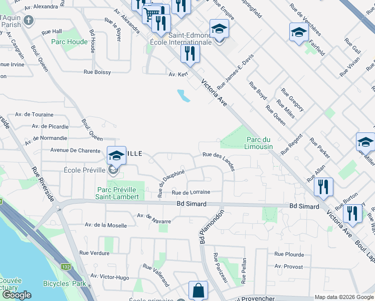 map of restaurants, bars, coffee shops, grocery stores, and more near 221 Avenue des Pyrénées in Saint-Lambert