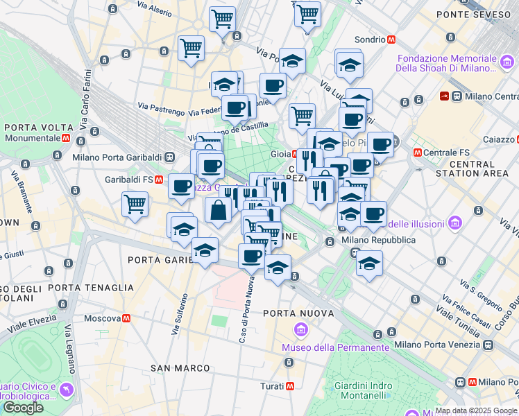 map of restaurants, bars, coffee shops, grocery stores, and more near 12 Via Amerigo Vespucci in Milano