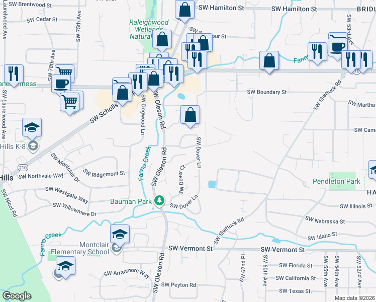 map of restaurants, bars, coffee shops, grocery stores, and more near 6660 Southwest Dover Street in Portland