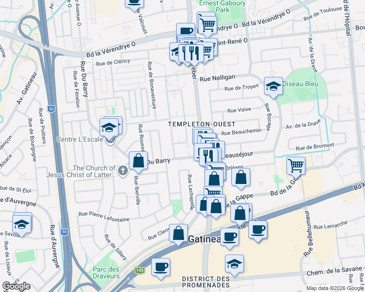 map of restaurants, bars, coffee shops, grocery stores, and more near 6 Rue du Curé-André-Préseault in Gatineau