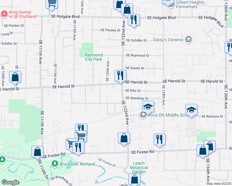 map of restaurants, bars, coffee shops, grocery stores, and more near 12026 Southeast Harold Street in Portland