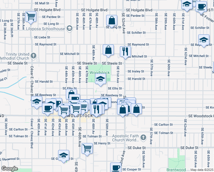 map of restaurants, bars, coffee shops, grocery stores, and more near 5012 Southeast Harold Street in Portland