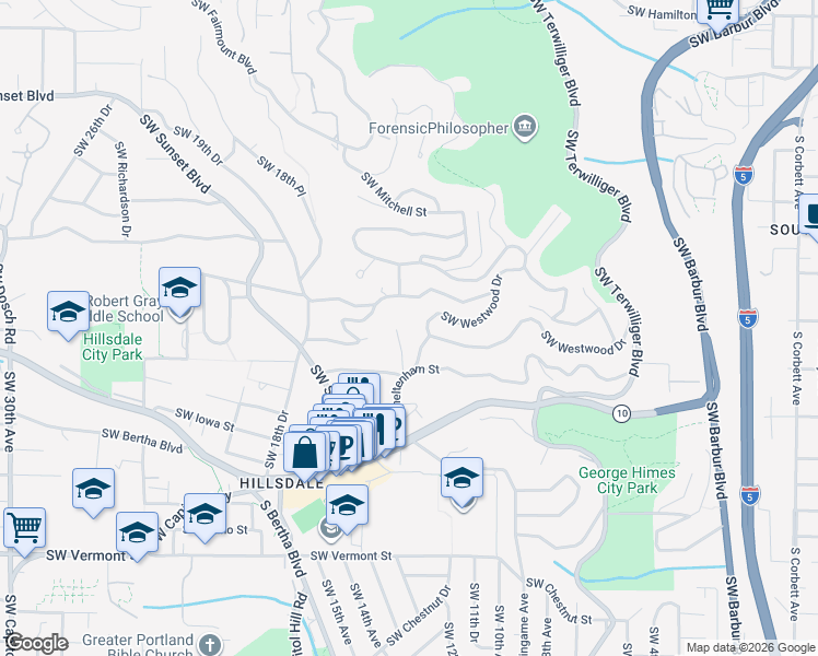 map of restaurants, bars, coffee shops, grocery stores, and more near 1224 Southwest Westwood Court in Portland