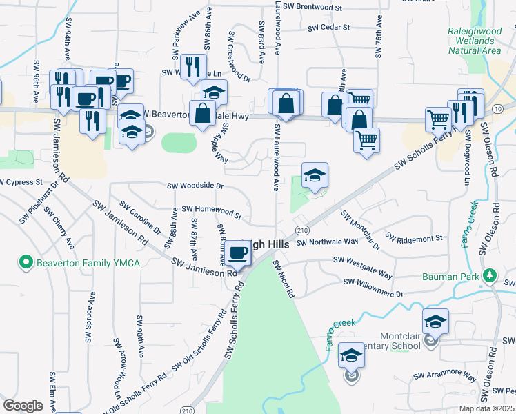 map of restaurants, bars, coffee shops, grocery stores, and more near 5135 Southwest Laurelwood Avenue in Portland