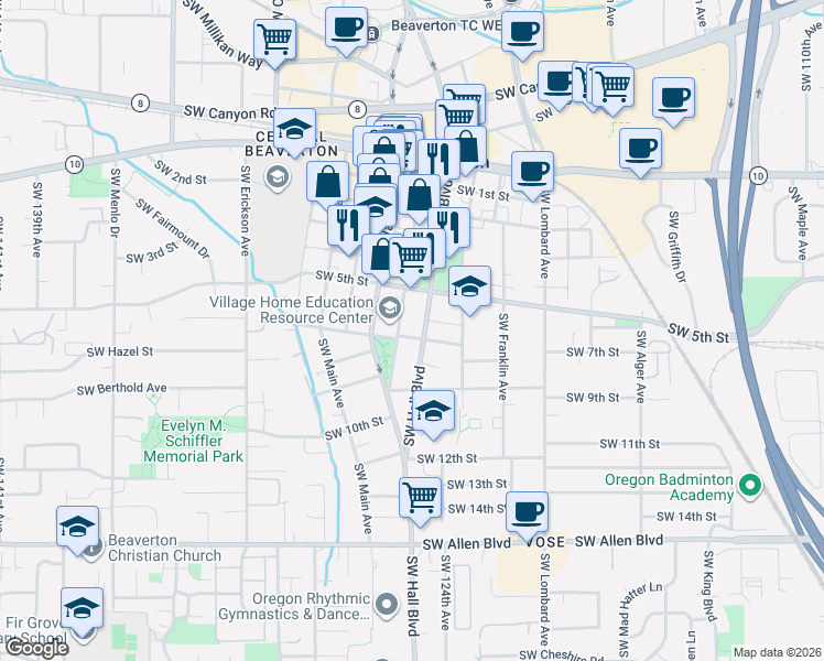 map of restaurants, bars, coffee shops, grocery stores, and more near 5025 Southwest Hall Boulevard in Beaverton