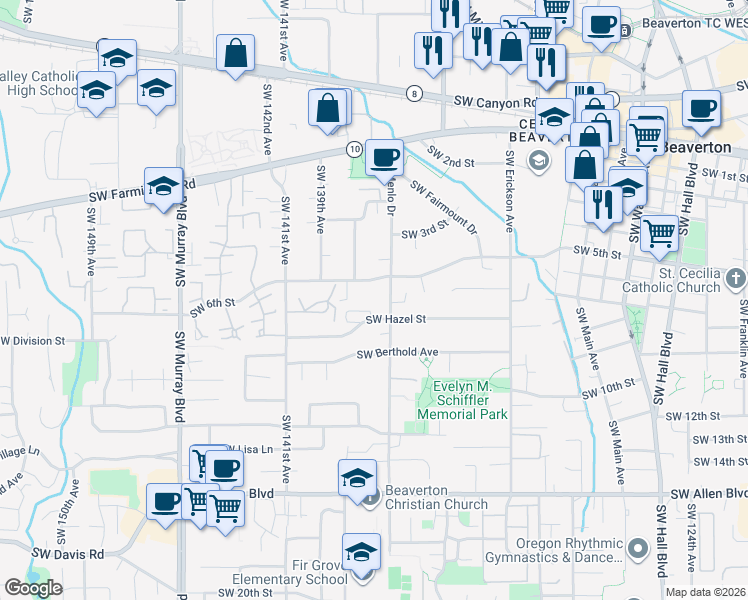 map of restaurants, bars, coffee shops, grocery stores, and more near 13720 Southwest 6th Street in Beaverton