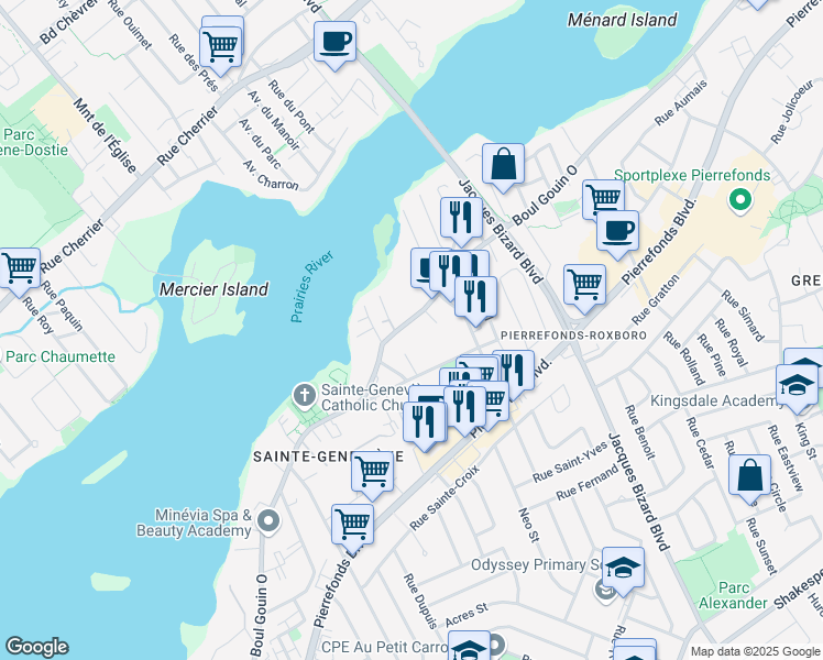 map of restaurants, bars, coffee shops, grocery stores, and more near 15615 Boulevard Gouin Ouest in Montréal