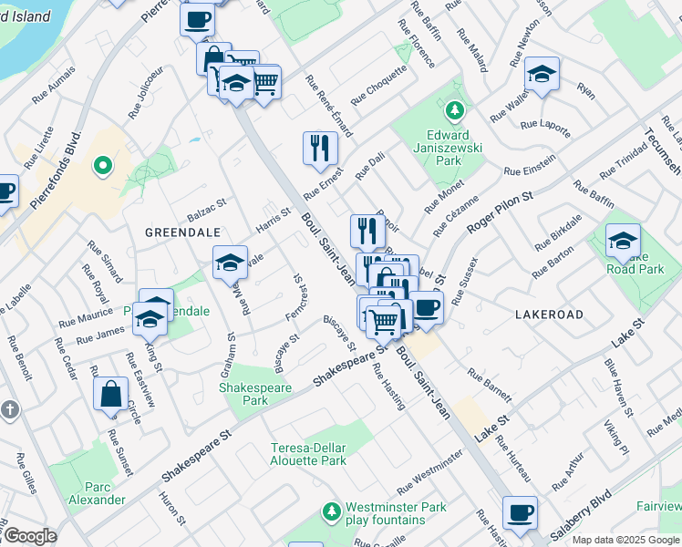 map of restaurants, bars, coffee shops, grocery stores, and more near in Dollard-Des Ormeaux