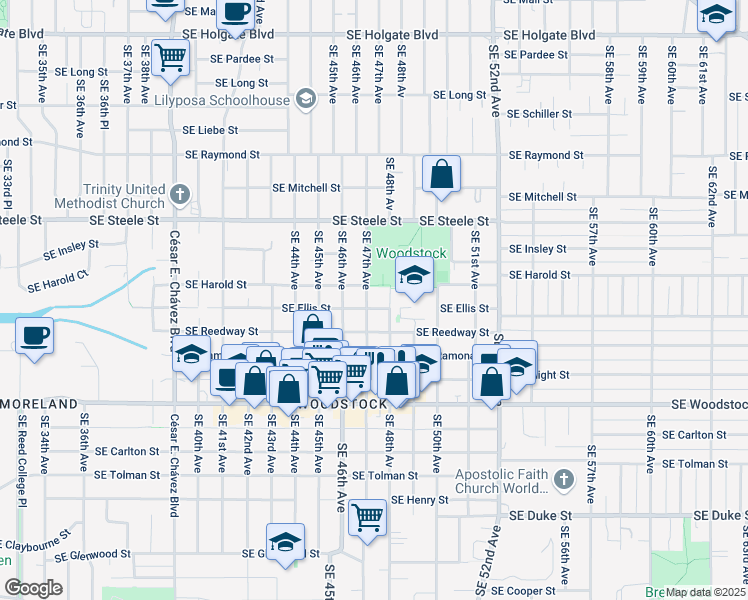 map of restaurants, bars, coffee shops, grocery stores, and more near 5445 Southeast 47th Avenue in Portland