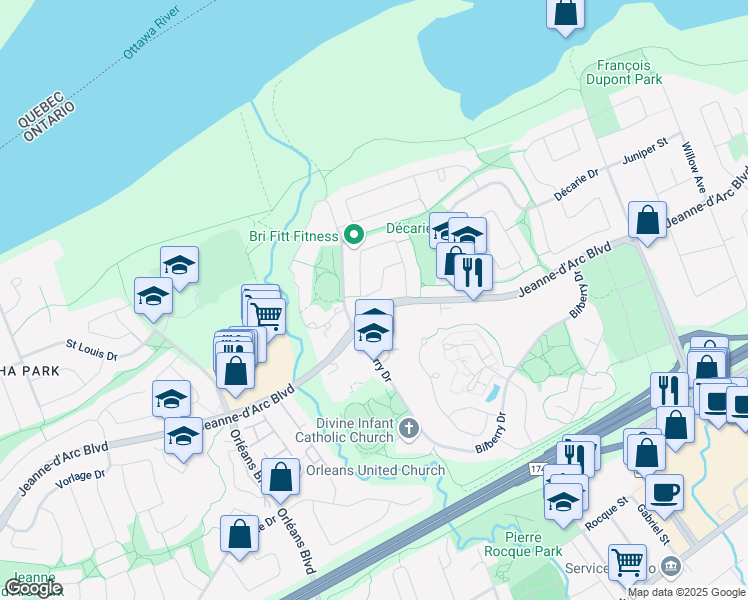 map of restaurants, bars, coffee shops, grocery stores, and more near 1005 Avignon Court in Ottawa