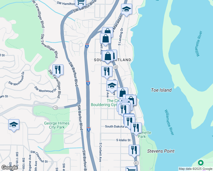 map of restaurants, bars, coffee shops, grocery stores, and more near 5603 South Kelly Avenue in Portland