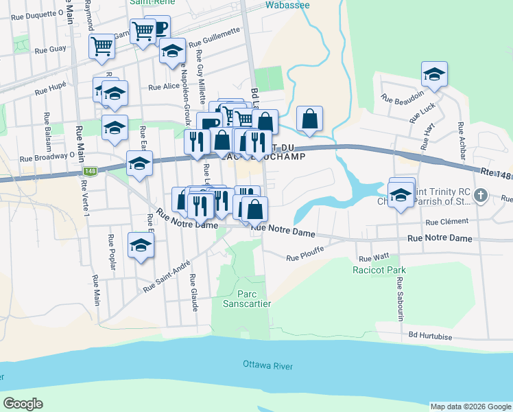 map of restaurants, bars, coffee shops, grocery stores, and more near 140 Rue Baribeau in Gatineau