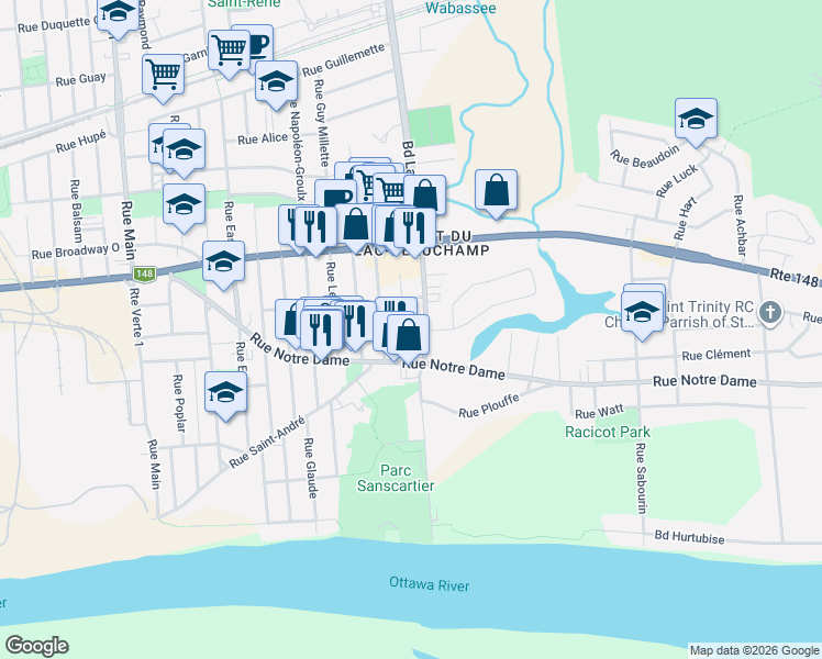 map of restaurants, bars, coffee shops, grocery stores, and more near 140 Rue Baribeau in Gatineau
