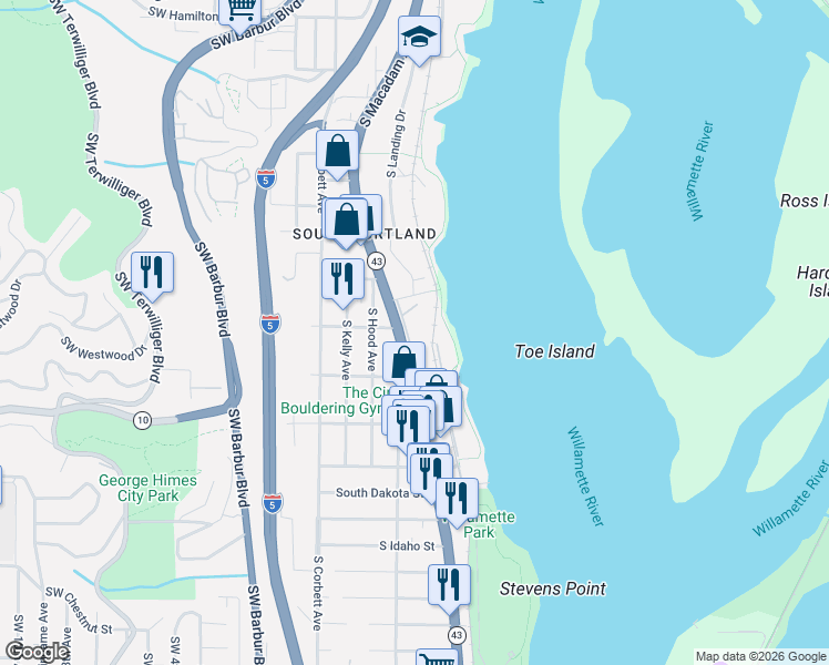 map of restaurants, bars, coffee shops, grocery stores, and more near 5624 Southwest Riverside Lane in Portland