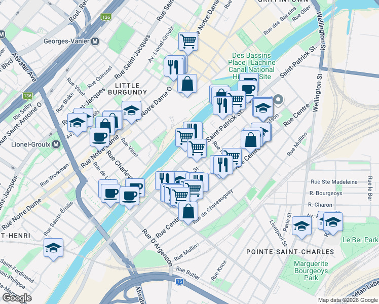 map of restaurants, bars, coffee shops, grocery stores, and more near 2301 Saint-Patrick Street in Montrã©Al
