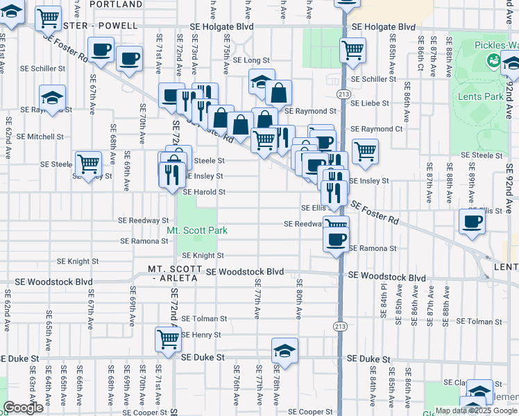 map of restaurants, bars, coffee shops, grocery stores, and more near SE Ellis St & SE 77th Ave in Portland