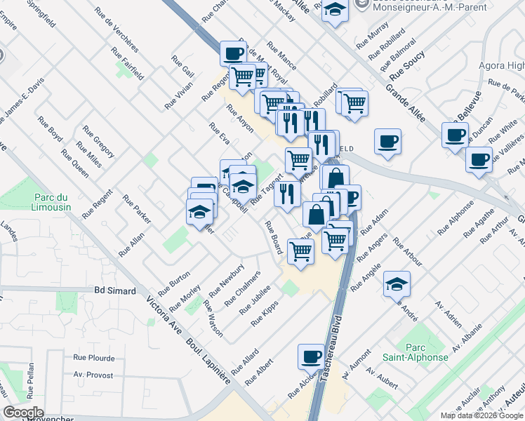 map of restaurants, bars, coffee shops, grocery stores, and more near 216 Rue Lawrence in Longueuil