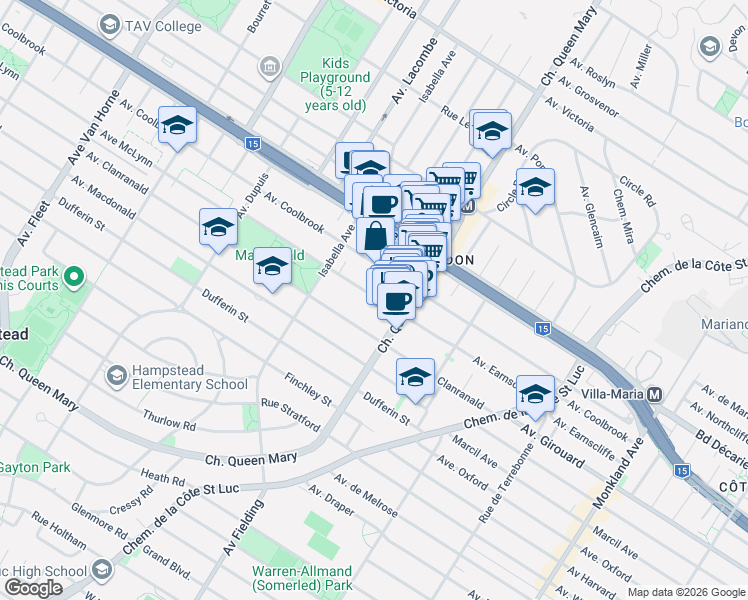map of restaurants, bars, coffee shops, grocery stores, and more near 5152 Avenue Earnscliffe in Montréal