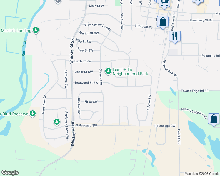 map of restaurants, bars, coffee shops, grocery stores, and more near 514 Dogwood Street Southwest in Isanti