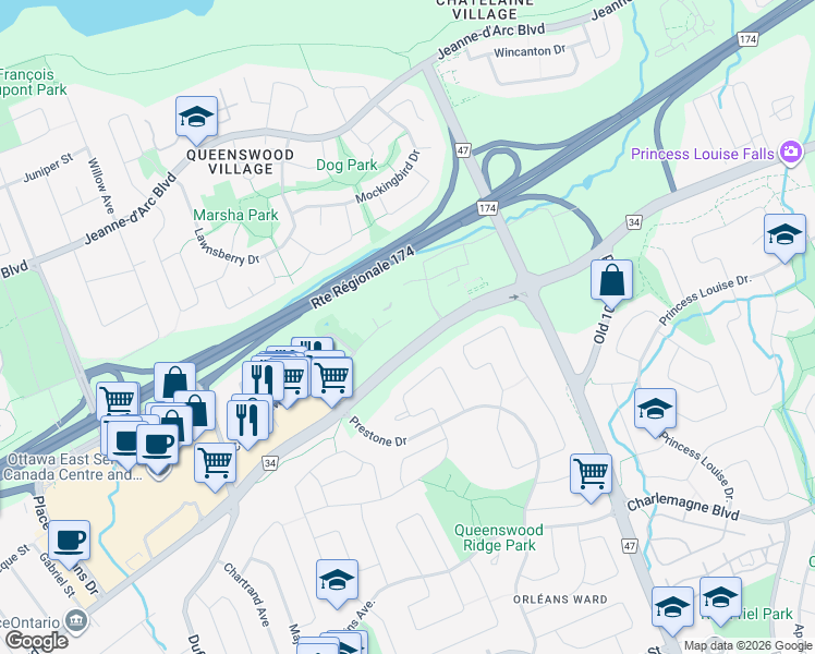 map of restaurants, bars, coffee shops, grocery stores, and more near 3211 Saint Joseph Boulevard in Ottawa