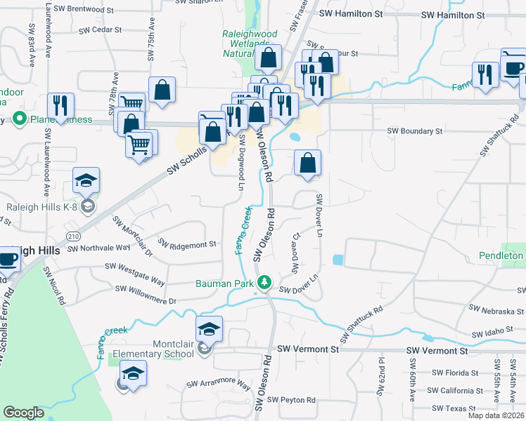 map of restaurants, bars, coffee shops, grocery stores, and more near 5225 Southwest Oleson Road in Portland