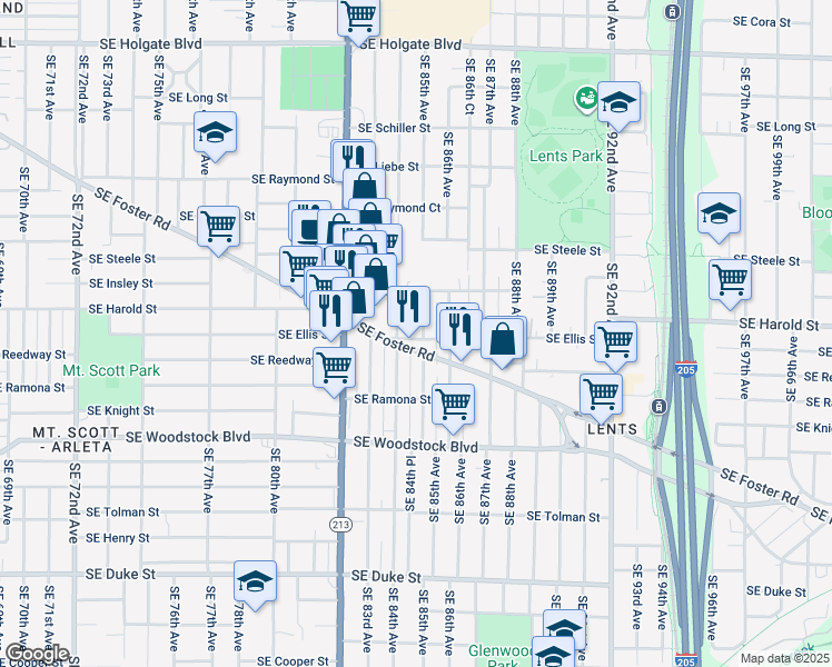 map of restaurants, bars, coffee shops, grocery stores, and more near 5430 Southeast 85th Avenue in Portland