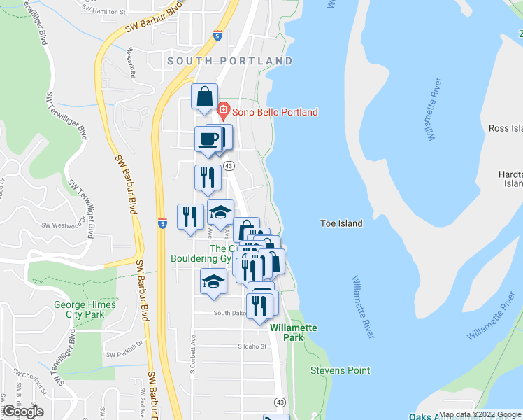map of restaurants, bars, coffee shops, grocery stores, and more near 5606 South Riverside Lane in Portland