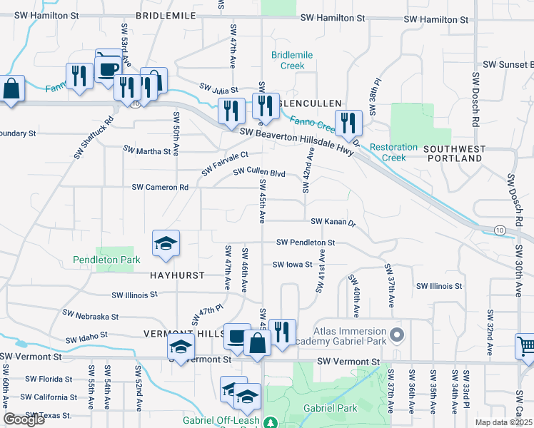 map of restaurants, bars, coffee shops, grocery stores, and more near 4418 Southwest Flower Street in Portland