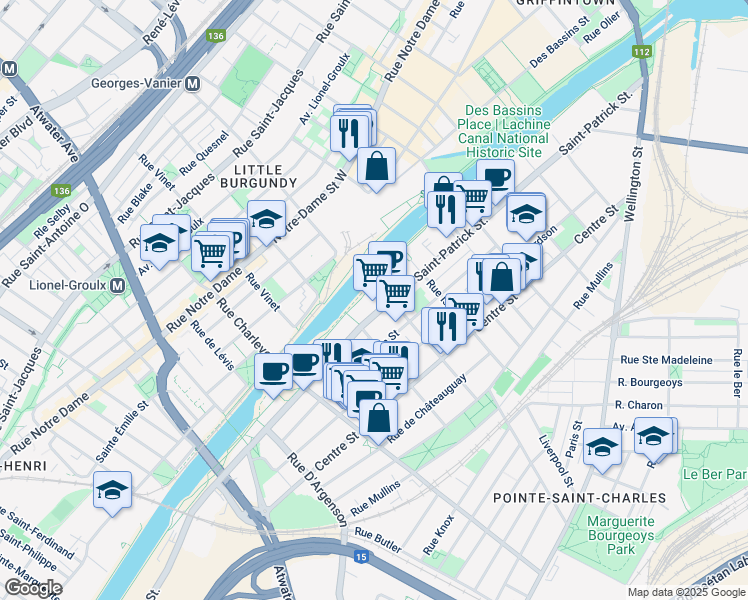 map of restaurants, bars, coffee shops, grocery stores, and more near 2301 Rue Saint-Patrick in Montréal