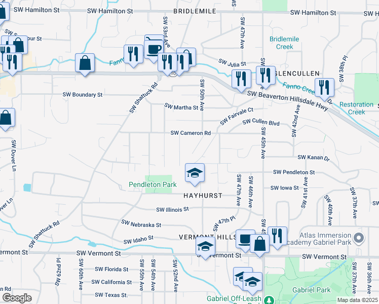 map of restaurants, bars, coffee shops, grocery stores, and more near 5757 Southwest 50th Drive in Portland