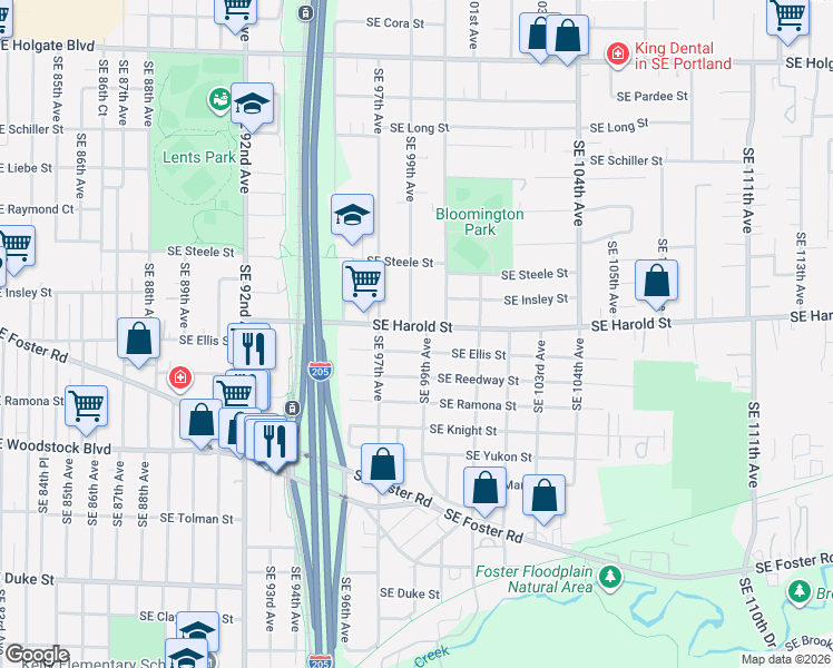 map of restaurants, bars, coffee shops, grocery stores, and more near 9842 Southeast Harold Street in Portland