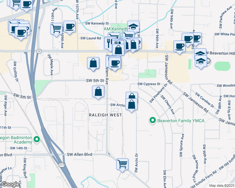 map of restaurants, bars, coffee shops, grocery stores, and more near 5150 Southwest Western Avenue in Beaverton