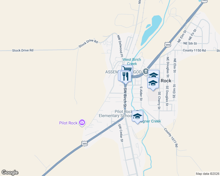 map of restaurants, bars, coffee shops, grocery stores, and more near 165 Delwood Street in Pilot Rock