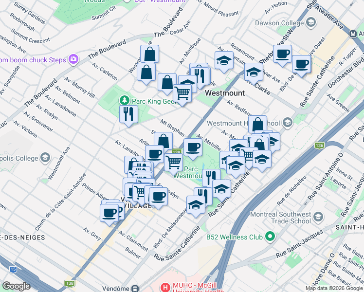 map of restaurants, bars, coffee shops, grocery stores, and more near Rue Rose-de-Lima in Westmount