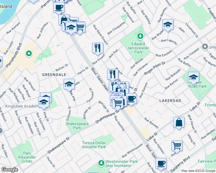 map of restaurants, bars, coffee shops, grocery stores, and more near 4405 Boulevard Saint-Jean in Dollard-des-Ormeaux