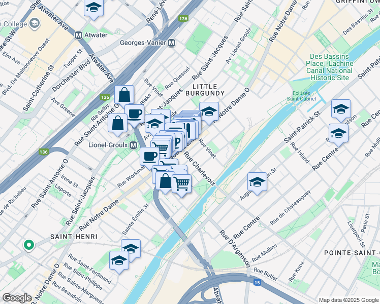 map of restaurants, bars, coffee shops, grocery stores, and more near in Montreal