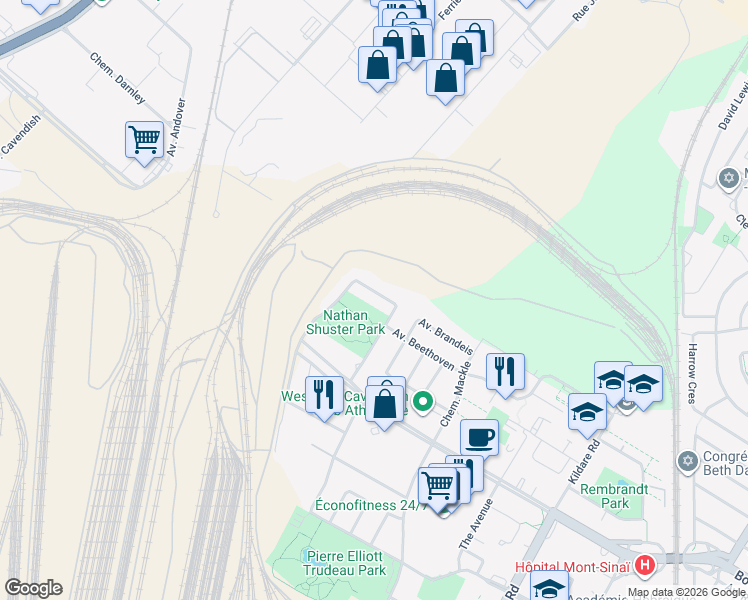 map of restaurants, bars, coffee shops, grocery stores, and more near 6032 Avenue Krieghoff in Côte Saint-Luc