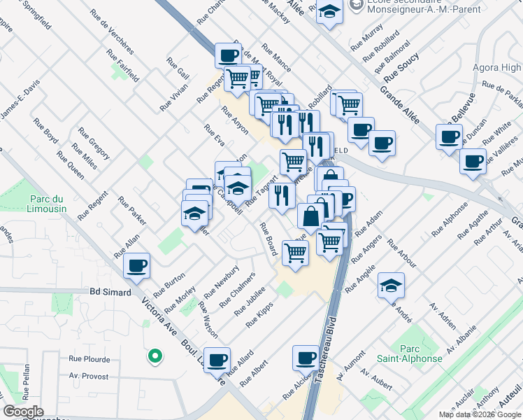 map of restaurants, bars, coffee shops, grocery stores, and more near 216 Rue Lawrence in Longueuil