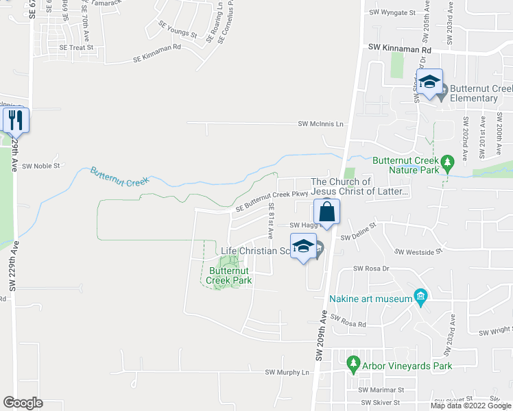 map of restaurants, bars, coffee shops, grocery stores, and more near 8032 Southeast Butternut Creek Parkway in Hillsboro