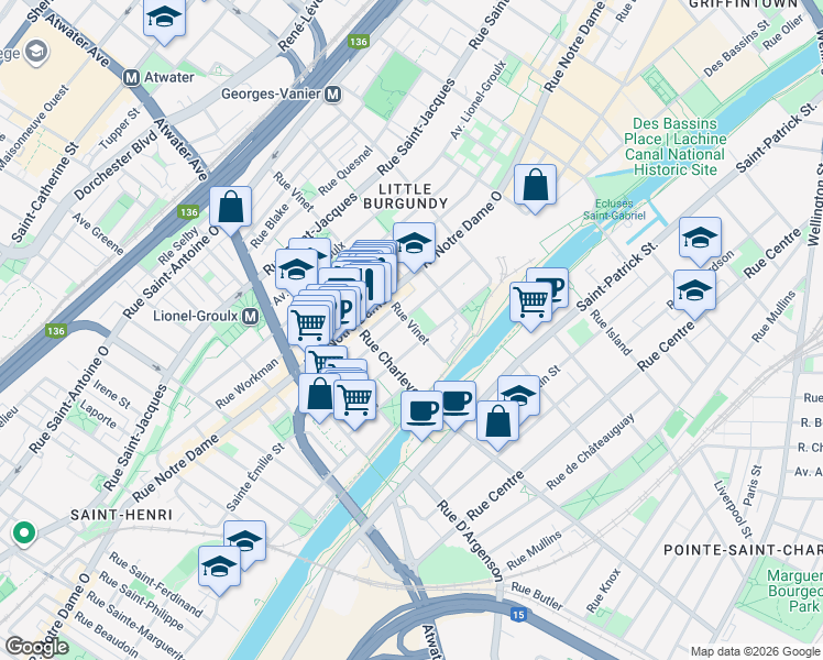 map of restaurants, bars, coffee shops, grocery stores, and more near 170 Rue Vinet in Montréal