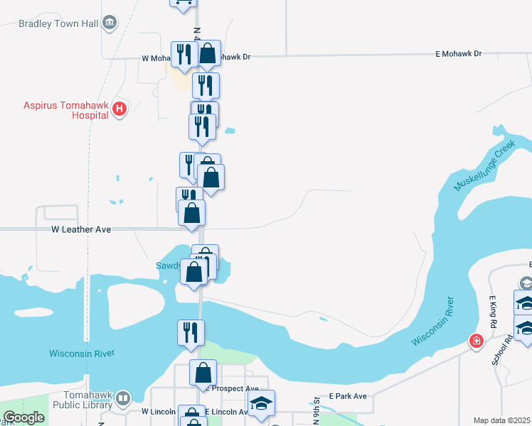 map of restaurants, bars, coffee shops, grocery stores, and more near 48 East Birchwood Avenue in Tomahawk