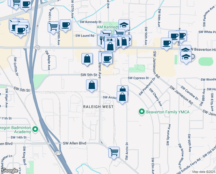 map of restaurants, bars, coffee shops, grocery stores, and more near 5150 SW Western Ave in Beaverton