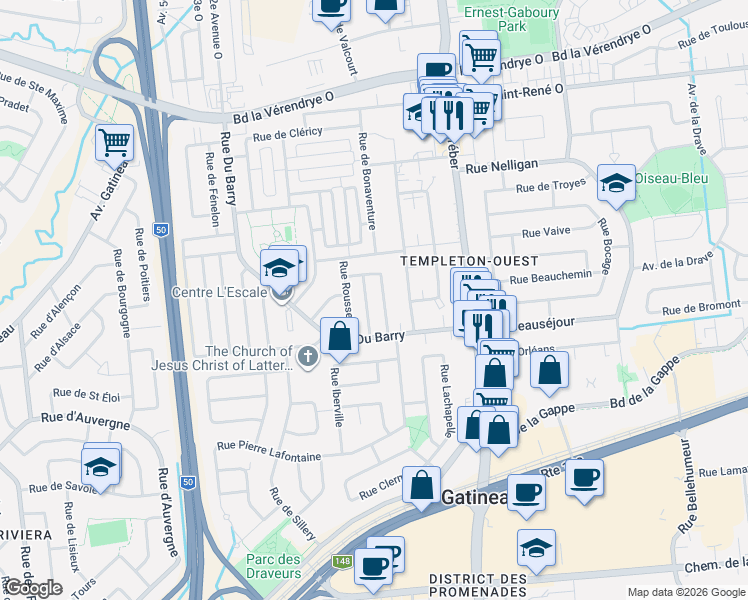 map of restaurants, bars, coffee shops, grocery stores, and more near 19 Rue Lemaire in Gatineau