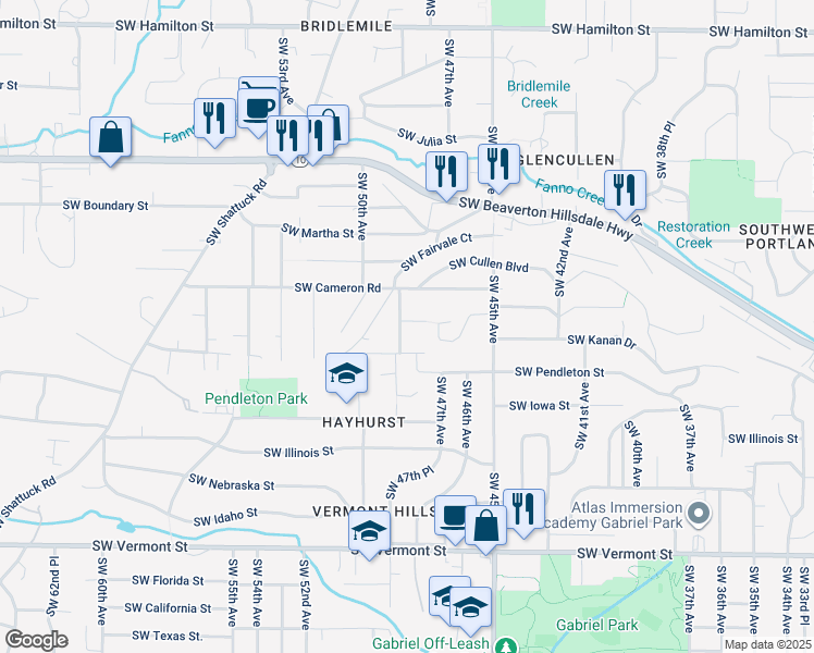 map of restaurants, bars, coffee shops, grocery stores, and more near 5705 Southwest 48th Avenue in Portland