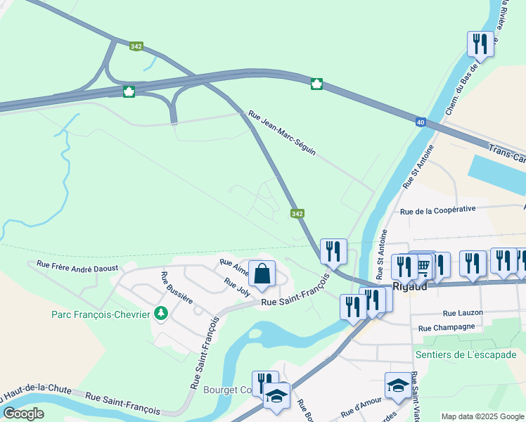 map of restaurants, bars, coffee shops, grocery stores, and more near 19 Rue Agathe in Rigaud