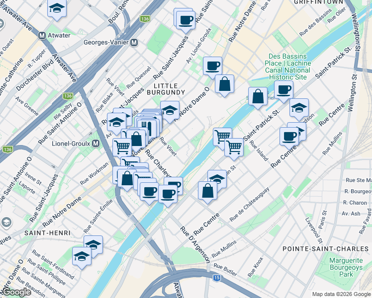 map of restaurants, bars, coffee shops, grocery stores, and more near 2306 Rue Sainte-Cunégonde in Montréal