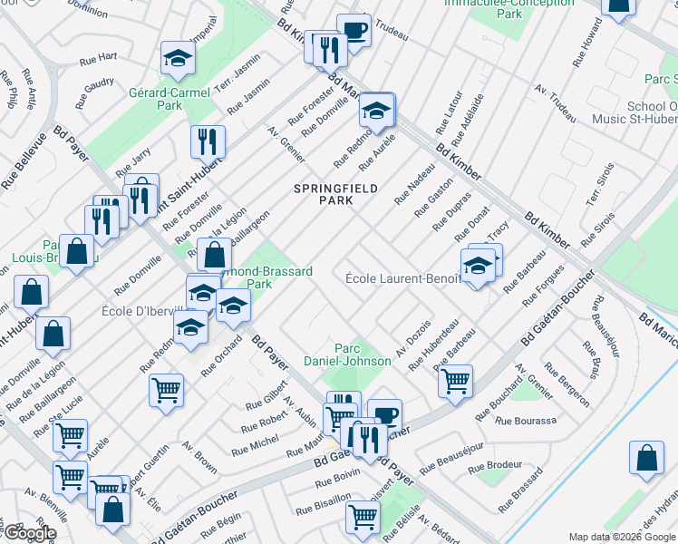 map of restaurants, bars, coffee shops, grocery stores, and more near 4535 Rue Nadeau in Longueuil