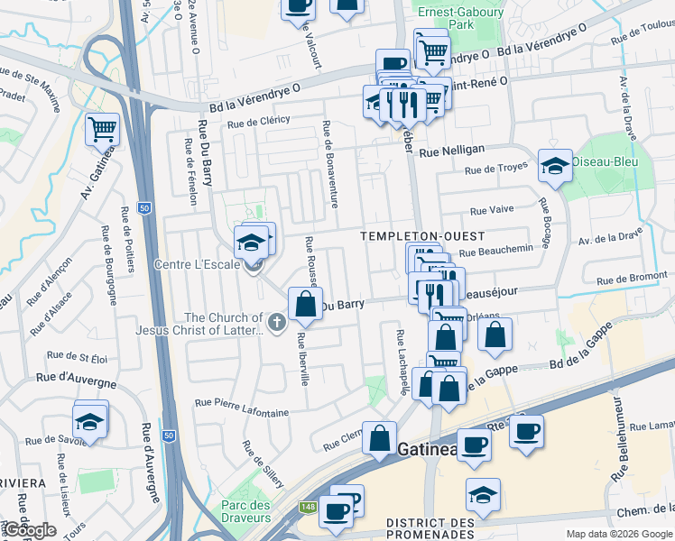 map of restaurants, bars, coffee shops, grocery stores, and more near 19 Rue Lemaire in Gatineau