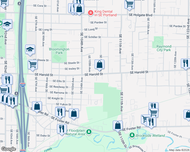 map of restaurants, bars, coffee shops, grocery stores, and more near 10707 Southeast Harold Street in Portland