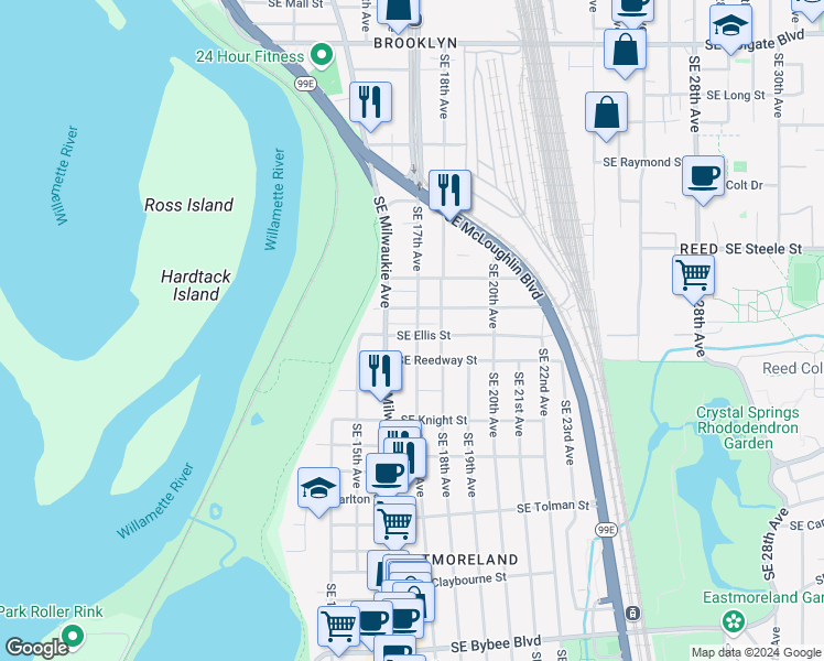 map of restaurants, bars, coffee shops, grocery stores, and more near 1624 Southeast Harold Street in Portland
